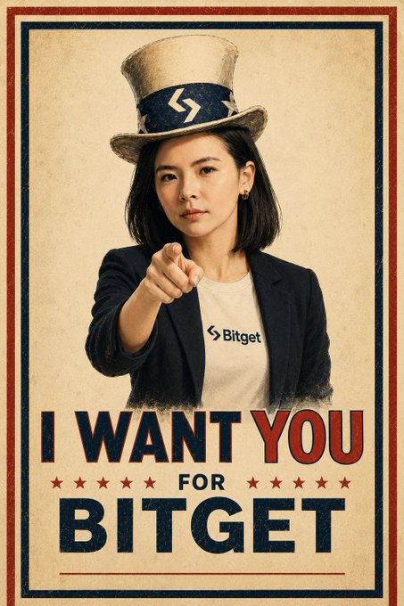 A vintage-style recruitment poster styled after the iconic "I Want You" Uncle Sam design, featuring an Asian woman in an Uncle Sam top hat pointing directly at the viewer, wearing a "Bitget" branded shirt, with bold text reading "I WANT YOU FOR BITGET" — directly visualizing the post's call to recruit crypto-savvy content creators and KOLs to the Bitget platform.