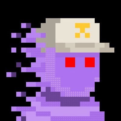 A pixel art illustration shows a purple character wearing a white cap with a yellow symbol and red eyes, with purple pixel fragments trailing off to the left against a black background.