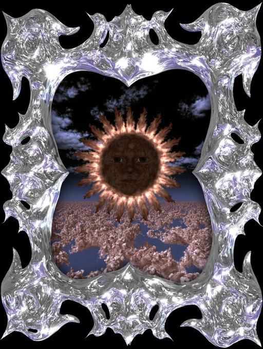 An ornate silver frame encloses a surreal scene of a sun with a human face emerging above pink clouds in a dark sky. The accompanying text reads "clarity is violent that is why people prefer vibes CA: AYLJAa4V56YAHhbACfVkRjqQFtxdDXcKBRdN8WBQpump egospace.xyz," with the image's dreamlike, otherworldly quality mirroring the surreal, contemplative tone of the message.