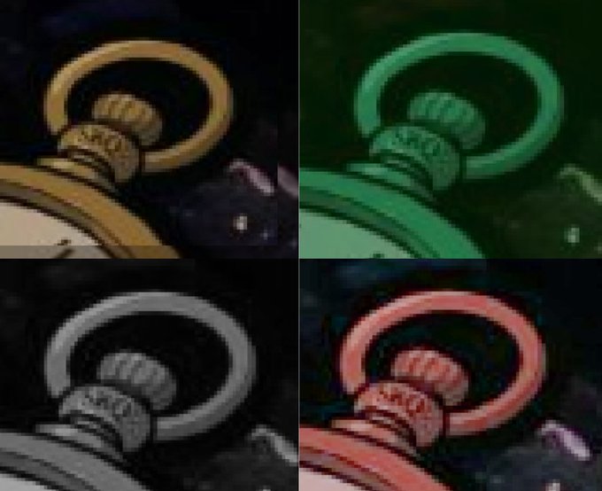 A four-panel split image showing a close-up of a demon character (likely Charlie Morningstar from Hazbin Hotel) from the neck up, filtered in four different color tints: gold/yellow, green, grayscale, and red.