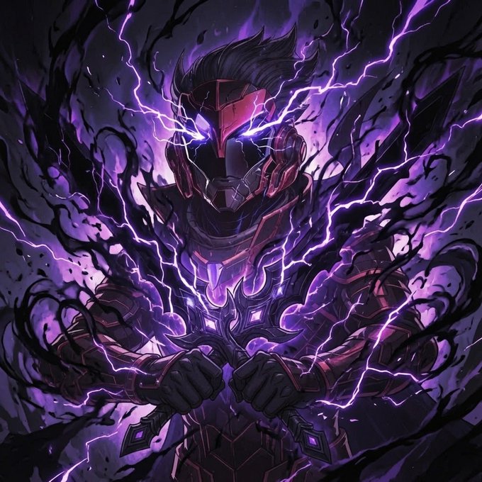 A dark fantasy digital artwork of an armored warrior with a helmet, glowing purple eyes, and crackling purple lightning energy surrounding him.