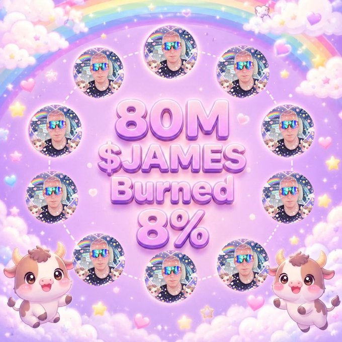 A pastel, rainbow-themed graphic celebrates the burning of "80M $JAMES" with an "8%" reduction displayed in bold pink text at the center, surrounded by circular profile pictures and cute cartoon cows, matching the post's excitement about the token burn milestone.
