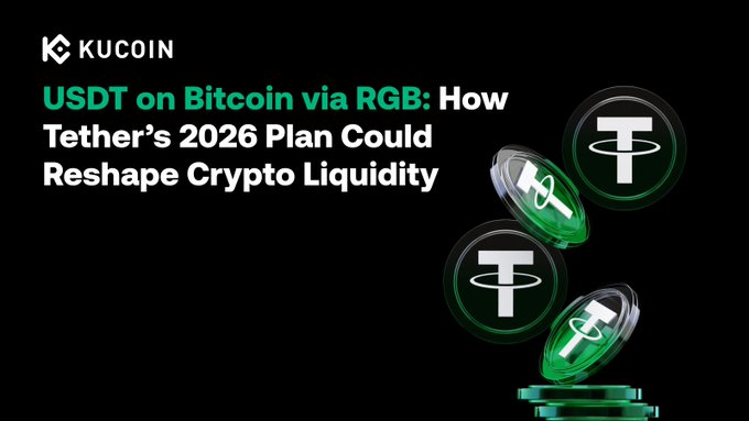 A KuCoin graphic with the headline "USDT on Bitcoin via RGB: How Tether's 2026 Plan Could Reshape Crypto Liquidity," featuring green USDT (Tether) tokens floating against a black background. The image visually reinforces the article's announcement of Tether's plan to bring USDT back to Bitcoin as a native asset via the RGB Protocol, with the green Tether tokens symbolizing the ~$183.5B USDT float potentially migrating onto Bitcoin rails.