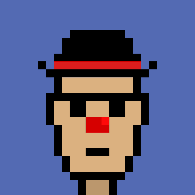 The same pixel art portrait of a character with a black hat, red headband, and red nose on a blue background.
