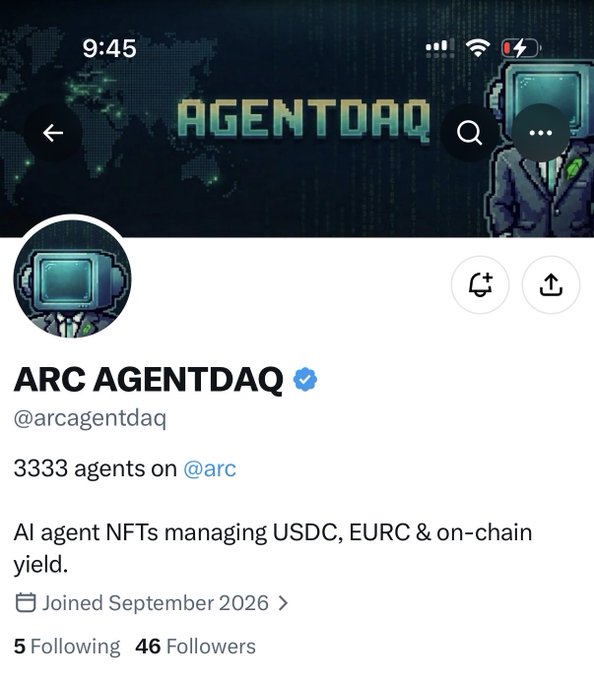 A screenshot of the X (Twitter) profile page for @arcagentdaq shows "ARC AGENTDAQ" as the account name with 46 followers, stating "3333 agents on @arc" in the bio alongside a pixel-art agent mascot header. The image aligns with the post's alpha callout highlighting the project's 3,333 NFT supply and Arc blockchain focus.