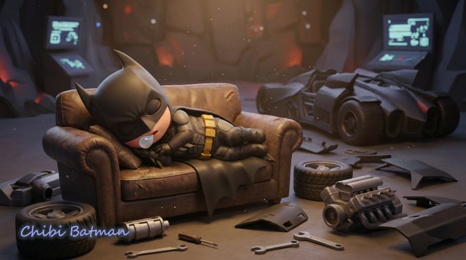 In this image, a cartoon character dressed as Batman is seen sleeping on a brown couch. The scene takes place in an office setting with various tools scattered around, including wrenches and other equipment. A computer monitor can be spotted near the center of the room, while a TV is mounted on the wall to the right side. The overall atmosphere suggests that the character might be taking a break from his work or perhaps even working on a project related to the post.