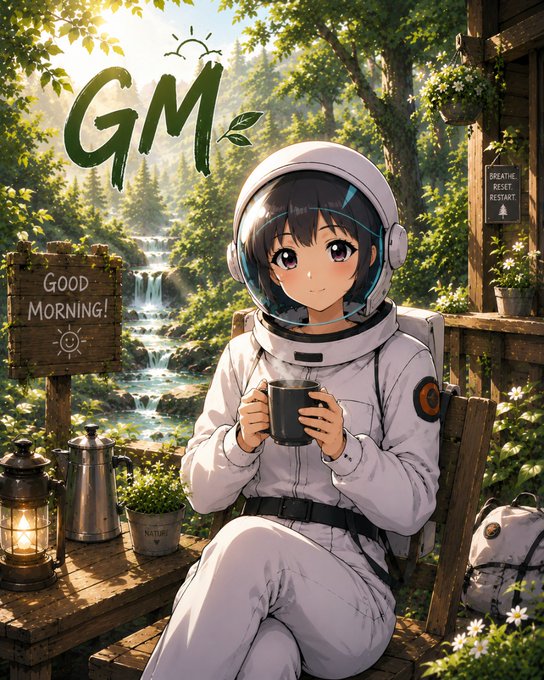 An anime-style illustration of a girl in an astronaut suit holding a mug, with 'GM' (Good Morning) text, sitting at a wooden table in a lush forest setting near a waterfall.