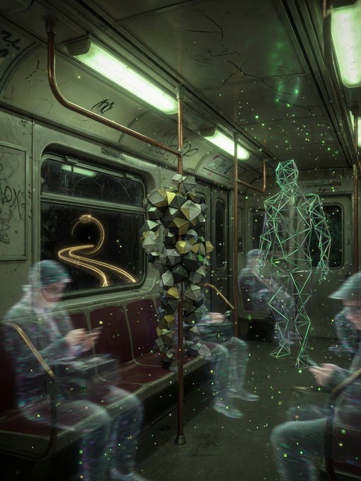 A digital artwork depicting the interior of a subway car with abstract, geometric figures in place of passengers and glowing lights floating in the air.