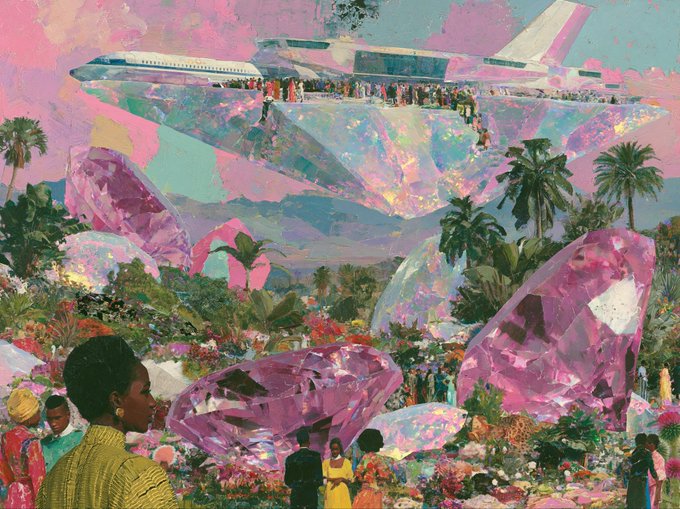 A vibrant collage artwork depicting people standing among massive, glittering pink gemstones in a lush tropical landscape, with a futuristic white airplane flying overhead.