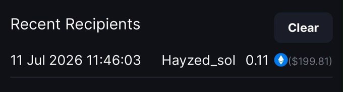 A screenshot of the MetaWin platform's "Recent Recipients" section shows Hayzed_sol receiving an Ethereum deposit of 0.11 (worth $199.81) on 11 Jul 2026. This image serves as visual proof of the $200 prize credit mentioned in the accompanying win announcement.
