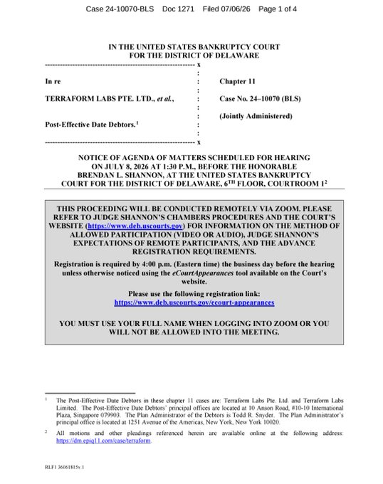 A bankruptcy court notice (Docket #1271) for Terraform Labs Pte. Ltd. et al., scheduling a Chapter 11 hearing on July 8, 2026, before Judge Brendan L. Shannon via Zoom to address the wind-down process. The image confirms the hearing date mentioned in the post regarding LUNC/USTC bankruptcy proceedings.