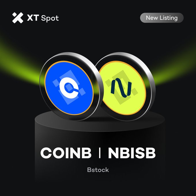A promotional graphic for 'XT Spot' showing a 'New Listing' for 'COINB | NBISB' with two coin-like tokens displayed on a black pedestal.