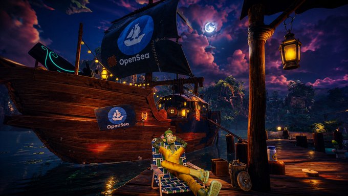 A colorful digital illustration of a ship bearing the OpenSea logo docked at a pier with a figure sitting on a bench.