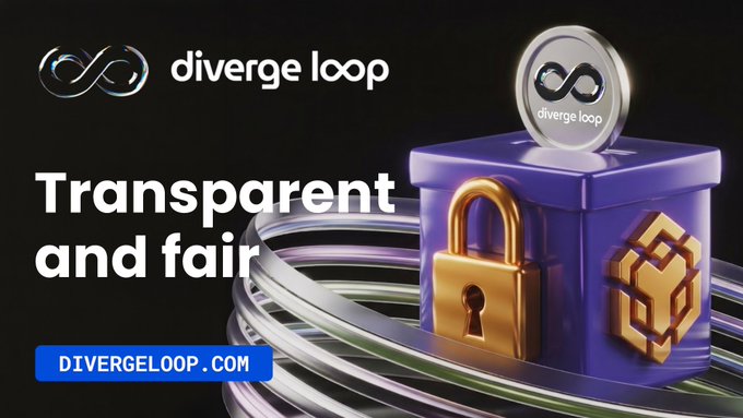 A promotional banner for 'diverge loop' features the tagline 'Transparent and fair' next to a 3D purple container with a gold padlock and a coin, with the URL DIVERGELOOP.COM displayed.