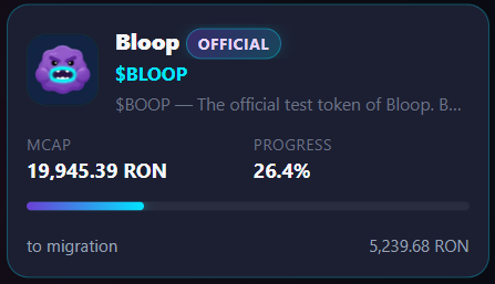 A dark-themed cryptocurrency dashboard card displaying the token "Bloop" ($BLOOP), marked as official, with a market cap of 19,945.39 RON and migration progress at 26.4% toward 5,239.68 RON.
