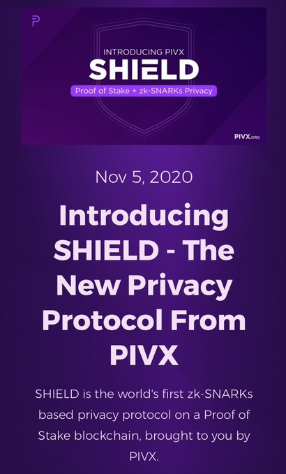 A purple promotional graphic introducing SHIELD, reading "Introducing SHIELD - The New Privacy Protocol From PIVX" dated Nov 5, 2020.
