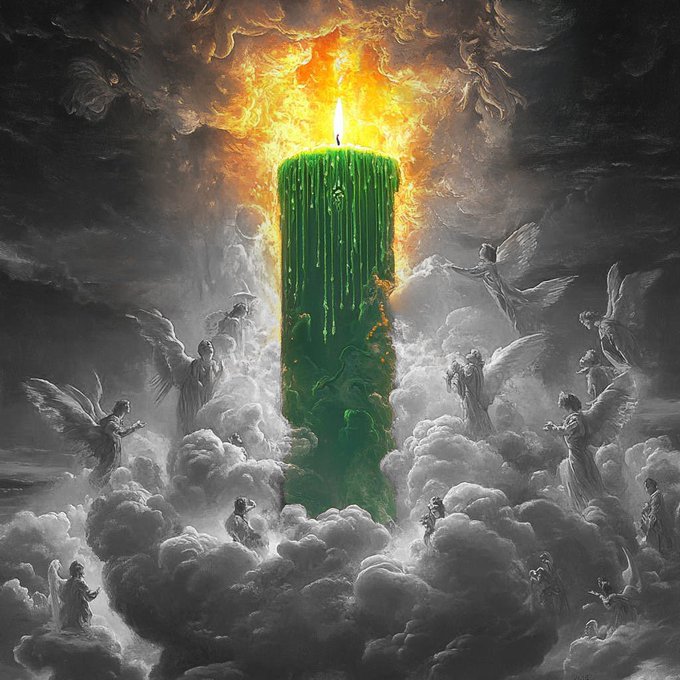 A dramatic painting featuring a large green candle with a blazing flame, surrounded by angels and clouds in a heavenly scene.