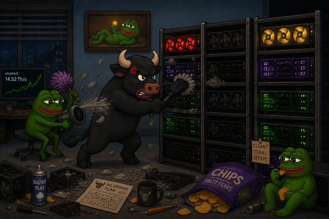 A cartoon-style illustration of Pepe the Frog characters and an angry black bull with red laser eyes cleaning dusty mining rigs in a server room, with snack items scattered around and a monitor displaying a hash rate of 14.52 Th/s.