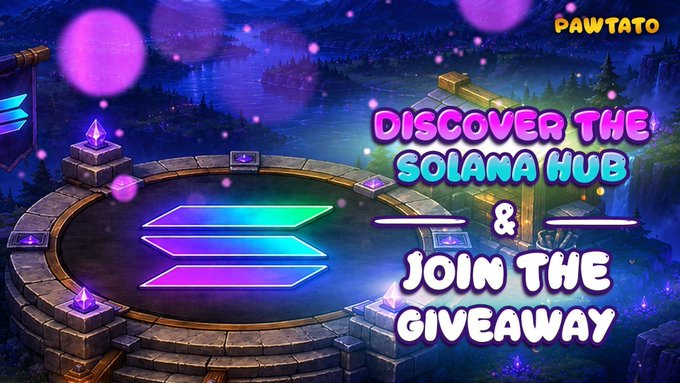 A vibrant, fantasy-themed promotional graphic for Pawtato featuring a glowing circular arena with the Solana logo at its center, surrounded by mystical crystals and a nighttime landscape. Bold text announces "DISCOVER THE SOLANA HUB & JOIN THE GIVEAWAY," highlighting the project's expansion to the Solana blockchain and its ongoing community engagement as praised in the accompanying post.