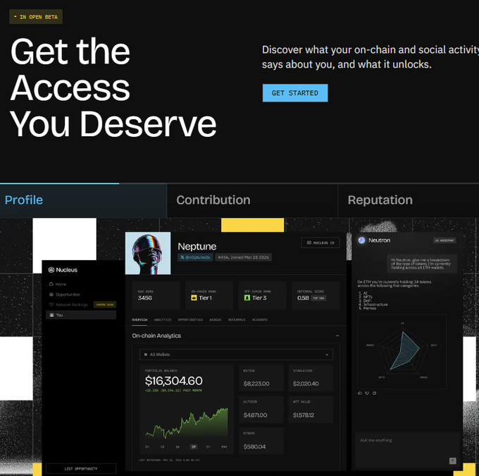 A webpage titled 'Get the Access You Deserve' promotes a platform called Nucleus, showing a user profile named 'Neptune' with on-chain analytics and a wallet balance of $16,304.60.