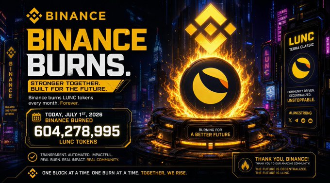 A Binance promotional graphic titled 'BINANCE BURNS' announcing that 604,278,995 LUNC tokens were burned on July 1st, 2026, as part of their monthly LUNC token burn initiative.