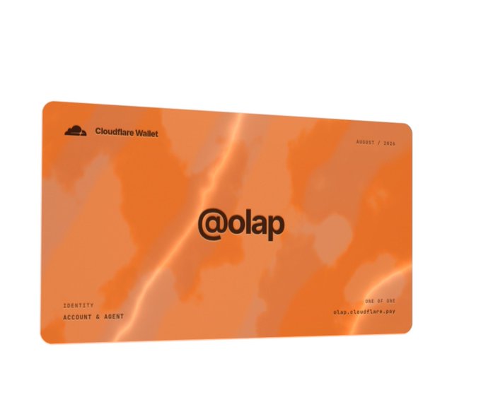 An orange card displaying the text 'Cloudflare Wallet', '@olap', and 'AUGUST / 2026' is shown against a white background.