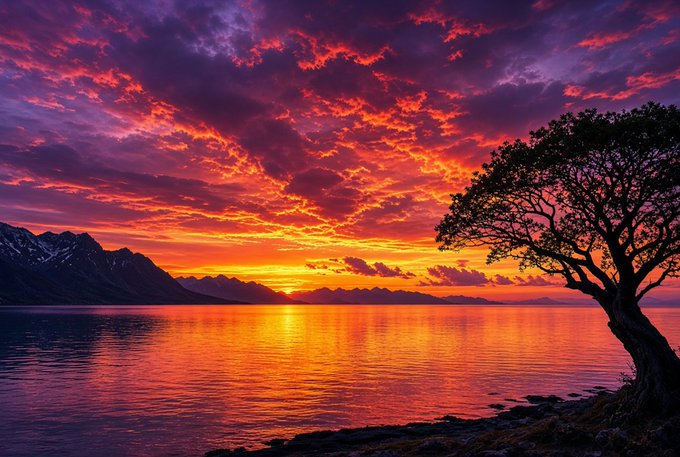 A breathtaking sunset paints the sky in fiery hues of red, orange, and purple, with golden light reflecting across the calm water and framing a lone silhouetted tree on the shore. This vivid scene perfectly captures the kind of unforgettable sunset that lingers in our memory forever.