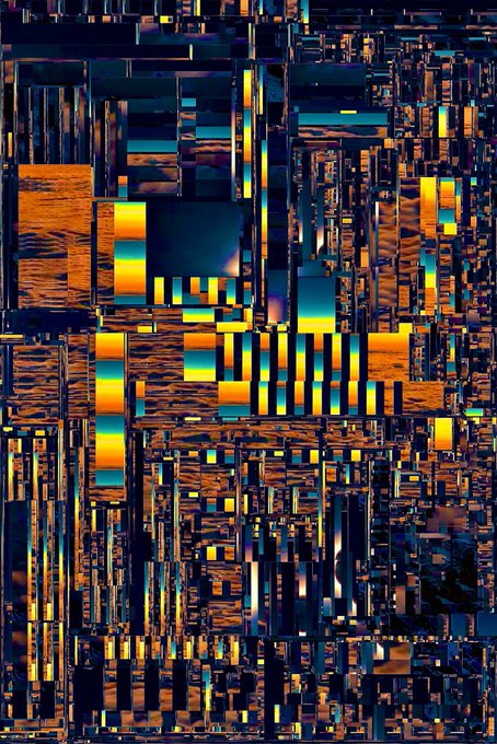 An abstract digital/glitch art piece with a complex geometric pattern of orange, blue, and black rectangular shapes creating a fragmented mosaic effect.