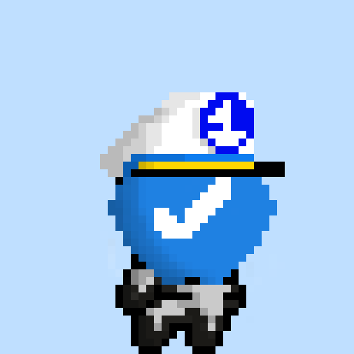 A pixel art sprite of a character with a blue helmet, white plume, yellow visor band, and white checkmark emblem on a light blue background.