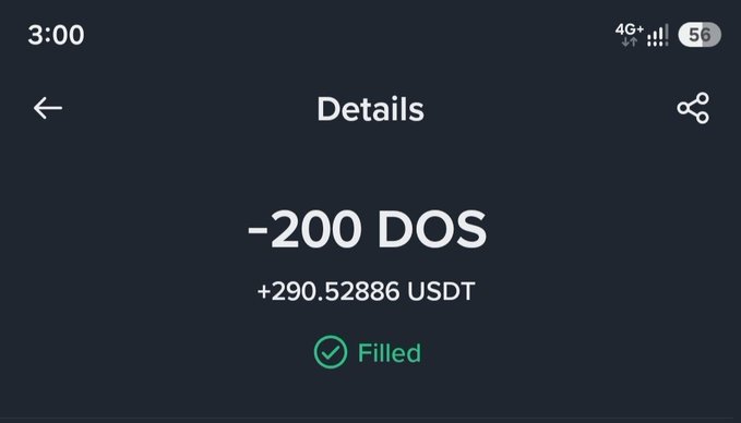 A mobile screenshot shows a transaction details page confirming the sale of -200 DOS tokens for +290.52886 USDT, marked as "Filled." This directly supports the post about a group member selling their 200 $DOS Alpha airdrop tokens at $290.