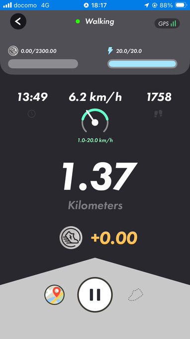 A smartphone screenshot of a walking/fitness tracking app showing 1.37 kilometers walked at 6.2 km/h.