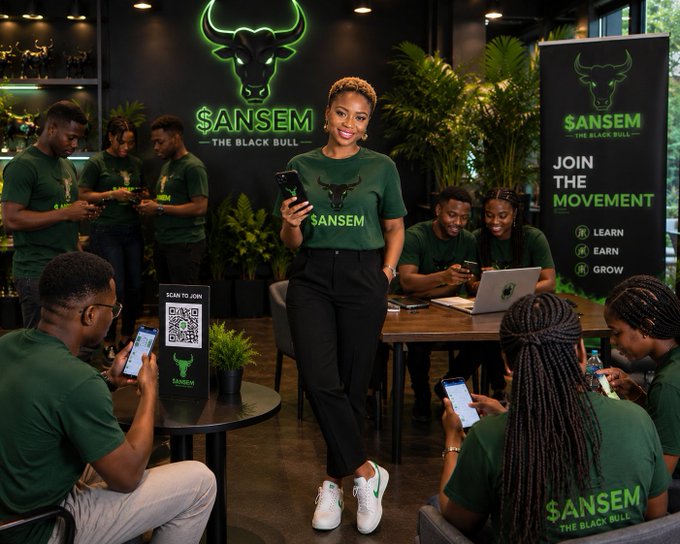 The image shows a group of people wearing green "SANSEM - The Black Bull" branded shirts gathered in a modern space featuring the Sansem bull logo and a "Join the Movement" banner listing "Learn, Earn, Grow." A woman stands centrally holding a phone displaying the Sansem logo, while others use laptops and phones, with a visible QR code placard reading "SCAN TO JOIN." This reinforces the post's message that genuine engagement and quality participation—not just holding tokens or casual posting—drives recognition in the $ANSEM airdrop.