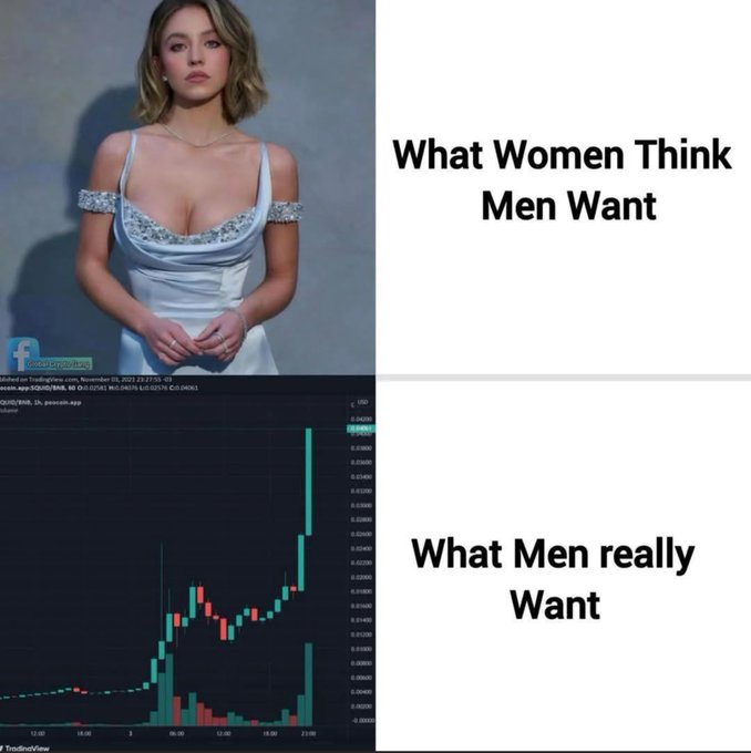 A meme captioned 'What Women Think Men Want' over a photo of a young woman in a white dress, contrasted with 'What Men really Want' over a GME trading chart showing a massive vertical price spike.