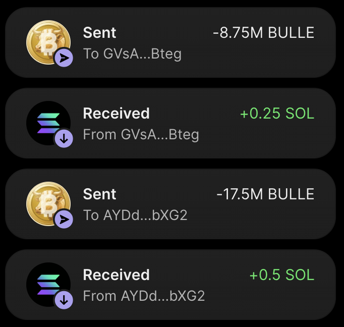 The image shows a series of transactions where someone sent 8.75M and 17.5M BULLE tokens to two different addresses (GVsA...Bteg and AYDd...bXG2), receiving 0.25 SOL and 0.5 SOL in return respectively. This appears to demonstrate the BULLE presale exchange, confirming the post's 1 SOL = 35,000,000 BULLE ratio, as 8.75M BULLE was sent for 0.25 SOL and 17.5M BULLE for 0.5 SOL.