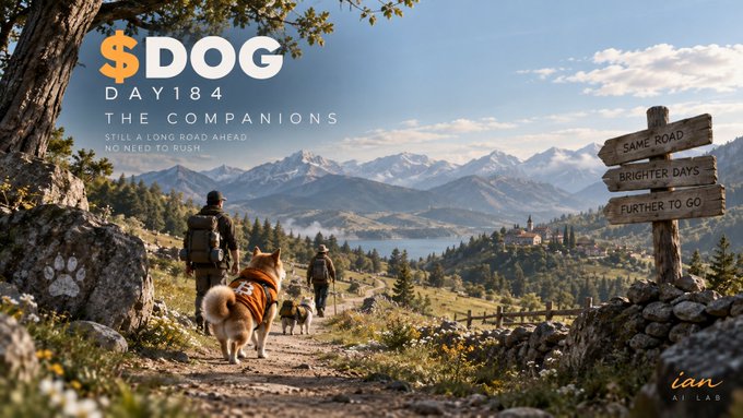 A scenic landscape with the text '$DOG DAY 184 - THE COMPANIONS' and the tagline 'STILL A LONG ROAD AHEAD, NO NEED TO RUSH,' showing hikers with a dog overlooking a mountain lake, with a signpost reading 'SAME ROAD, BRIGHTER DAYS, FURTHER TO GO.'