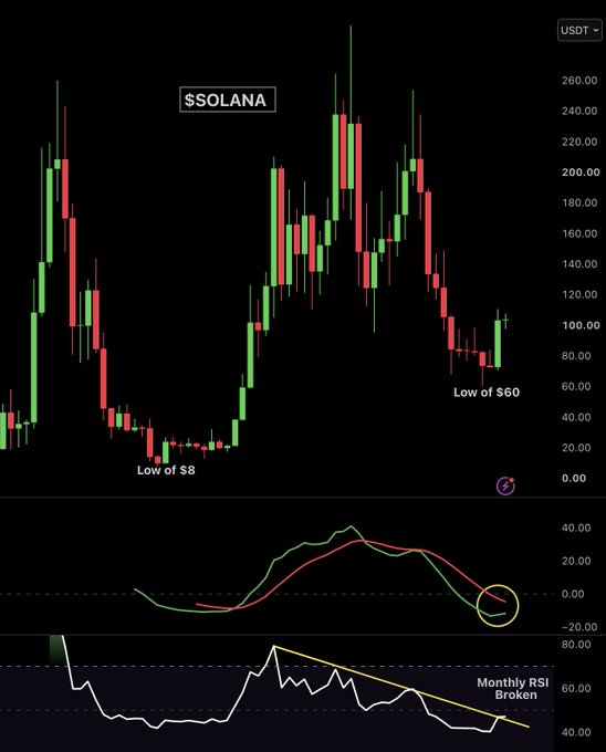 The image displays a monthly candlestick chart of $SOLANA ($SOL) priced in USDT, with price ranges from a low of $8 to a high around $260, alongside technical indicators including a monthly MACD showing a bullish crossover and a Monthly RSI that has broken its 2-year downtrend. These visual signals directly support the post's claim of a bullish reversal, highlighting the first green monthly candle in 10 months alongside the MACD crossover and broken RSI downtrend.