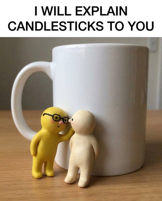 A white mug sits on a wooden surface with two small figurines—one yellow with glasses, the other plain beige—leaning against it as if in conversation. The text overlay reads "I WILL EXPLAIN CANDLESTICKS TO YOU," humorously tying into the joke about candlesticks being confused with the flowers.