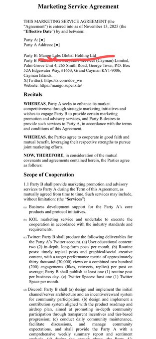 A document titled "Marketing Service Agreement" between Party A and Mango Labs Global Holding Ltd regarding a Twitter/X account, entered November 13, 2025.