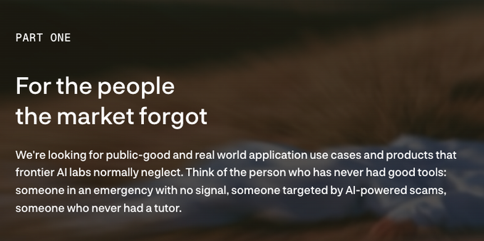 The image displays text on a dark background featuring a blurred image of a person, with the heading "PART ONE: For the people the market forgot," discussing how frontier AI labs typically neglect public-good applications, such as helping people in emergencies without signal, those targeted by AI scams, or those without tutors.

This aligns with the post about Sentient Foundation's $42M grant program, which focuses on supporting underrepresented AI use cases that commercial markets typically overlook.