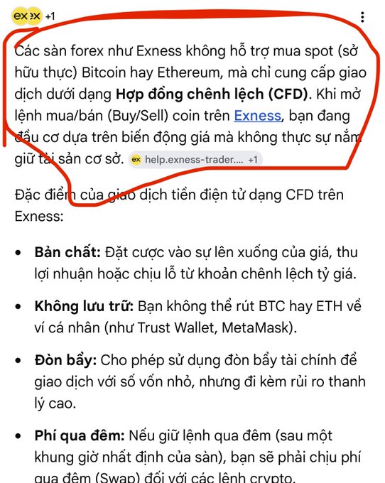 A screenshot of a Vietnamese-language article (sourced from help.exness-trader.com) circled in red, explaining that Exness and similar forex platforms do not support spot purchases of Bitcoin or Ethereum, but only offer trading via Contracts for Difference (CFDs) where users bet on price movements without actual ownership. The post argues that allowing forex platforms to offer crypto while banning Vietnamese crypto exchanges is inconsistent, noting the operational and legal parallels to existing futures trading on domestic platforms.