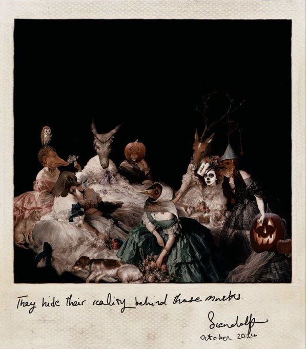 An artistic, darkly toned photograph of figures wearing elaborate animal masks (deer, fox, owl, duck, pumpkin) in Victorian-style clothing, bearing the handwritten text 'They hide their reality behind those masks.' and a signature 'Oscardelf October 2024'.
