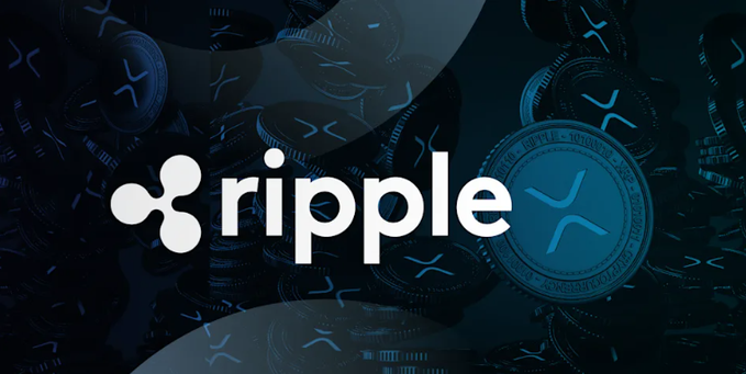 A dark blue promotional image featuring the Ripple logo and XRP cryptocurrency coins scattered in the background.