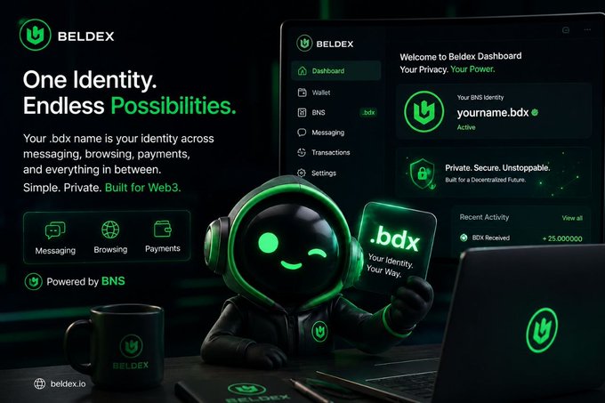 An advertisement for 'BELDEX' with the tagline 'One Identity. Endless Possibilities' shows a green 3D mascot wearing headphones and holding a card with '.bdx', next to a dashboard interface and the text 'Powered by BNS' and 'beldex.io'.