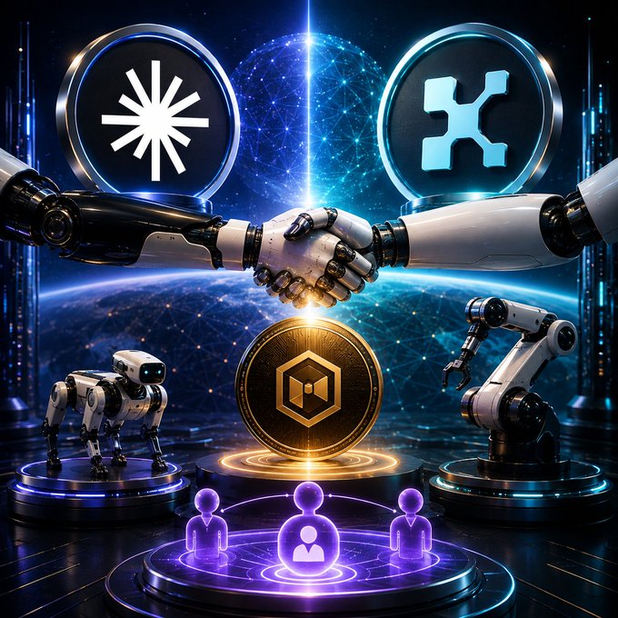 A futuristic digital artwork depicting two robotic hands shaking above a glowing cryptocurrency coin, flanked by crypto and other logos, with additional robotic figures and user icons below.