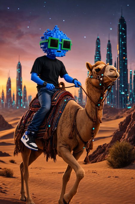 A stylized digital artwork of a blue-skinned character with a pixelated block head and green sunglasses riding a camel across a desert with futuristic skyscrapers in the background.