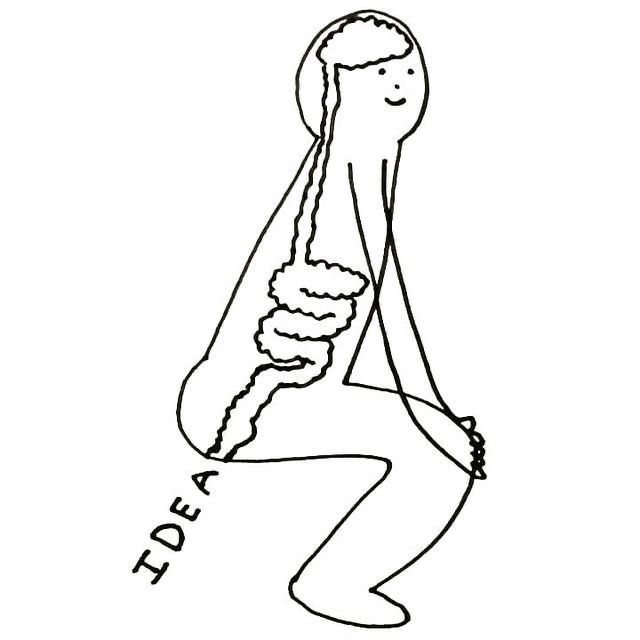 A simple line drawing depicts a smiling figure with long, curly hair that resembles intestines, labeled with the text 'IDEA' below.