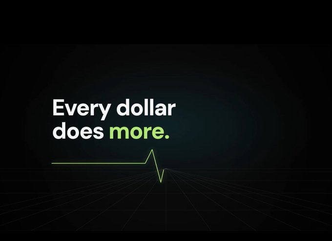 The image features a dark background with a green heartbeat-style line and the text "Every dollar does more." in white, with "more." highlighted in green. The pulsing line visually echoes the post's message about $GRVT maximizing capital efficiency as a hybrid exchange combining CEX-level performance with self-custody, ZK privacy, and yield-bearing margin for perps and RWAs.