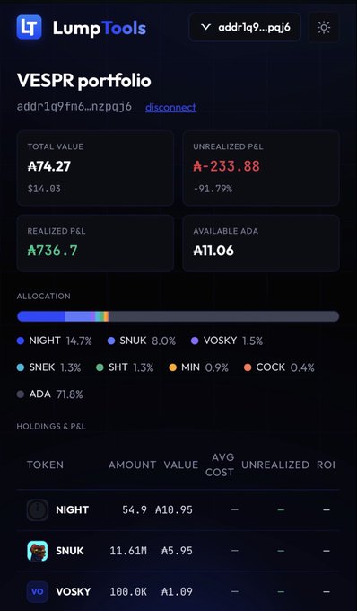 The image shows a phone screen displaying a Portfolio Tracking app on Lumptools. The app provides information about various wallet values including realizations, unrealized gains, and allocation. It also allows users to see their portfolio's status with details like account balances, transactions, and cost basis, among other features. The app is specifically designed for use with the Cardano blockchain and offers an intuitive way to manage one's digital wallet in a secure environment.