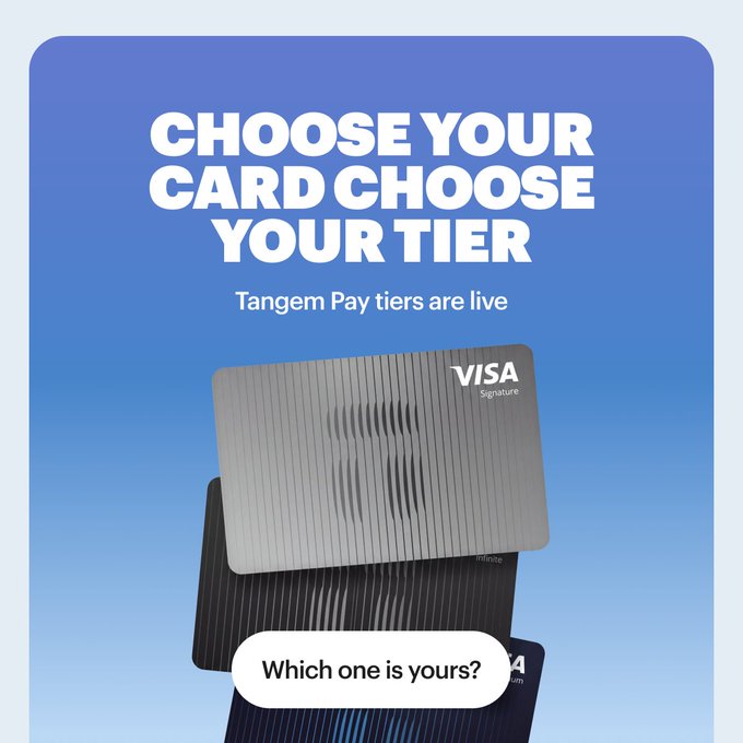 A promotional graphic with a blue gradient background displays the bold white headline "CHOOSE YOUR CARD CHOOSE YOUR TIER" above the subtitle "Tangem Pay tiers are live," featuring stacked Visa Signature cards and a white pill-shaped button reading "Which one is yours?" The design reinforces the post's message about Tangem Pay's tiered card options, inviting users to select between Basic, Plus, and Prestige plans.