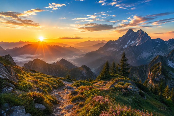 Stunning landscape photograph of a sunset over mountain peaks with a winding trail through alpine meadows and wildflowers.